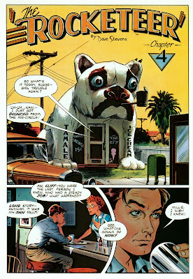 A comic book page with a large image of the "Bulldog Cafe" and text reading "The Rocketeer - Chapter 4."