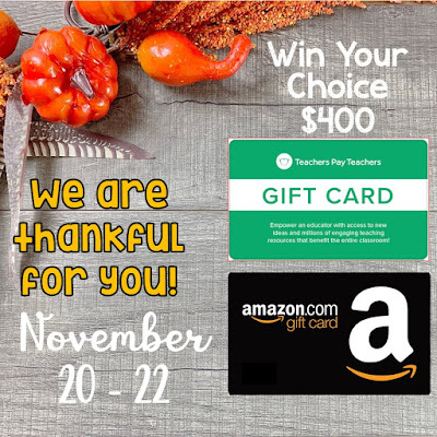 Link to a contest to enter and win $400 in TpT or Amazon Gift card for teachers.