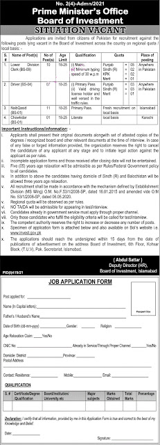 Prime Minister Office Board of Investment Latest New Jobs 2021