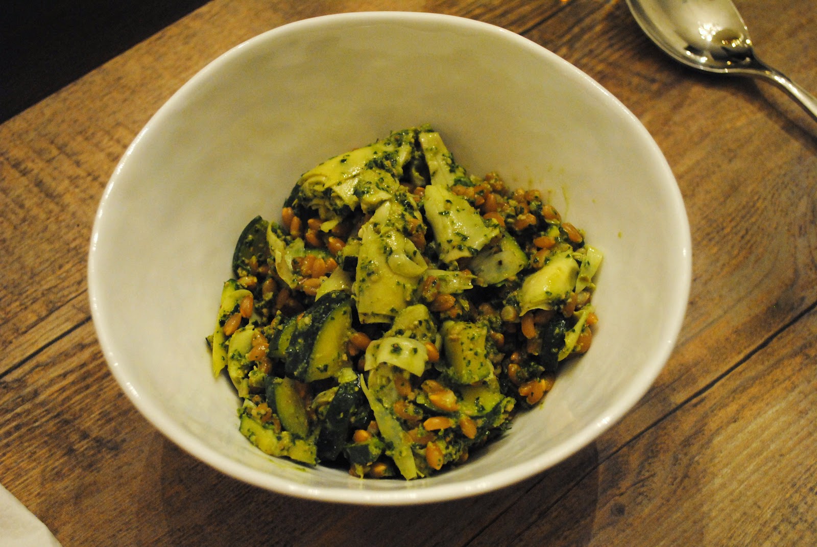 Veggies for Carnivores Zucchini and Artichoke Farro with Kale Pesto