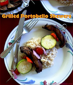 Grilled Portobello Skewers, vegetables are marinated in a red wine vinaigrette, skewered and grilled. Serve over brown rice for a meatless dinner. | Recipe developed by www.BakingInATornado.com | #recipe #grilling