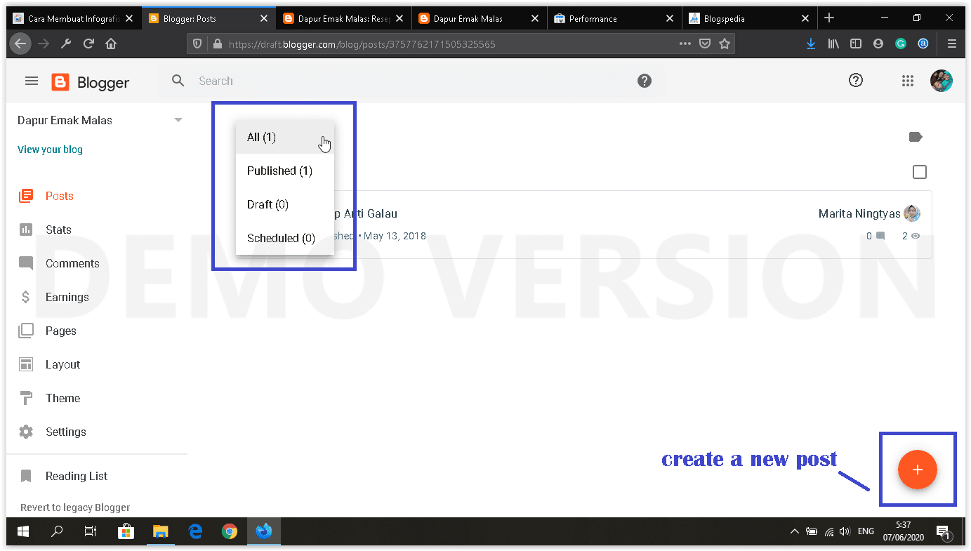 dashboard blogger baru menu postingan all