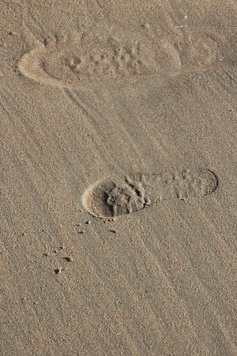 man's and child's footstep in sand