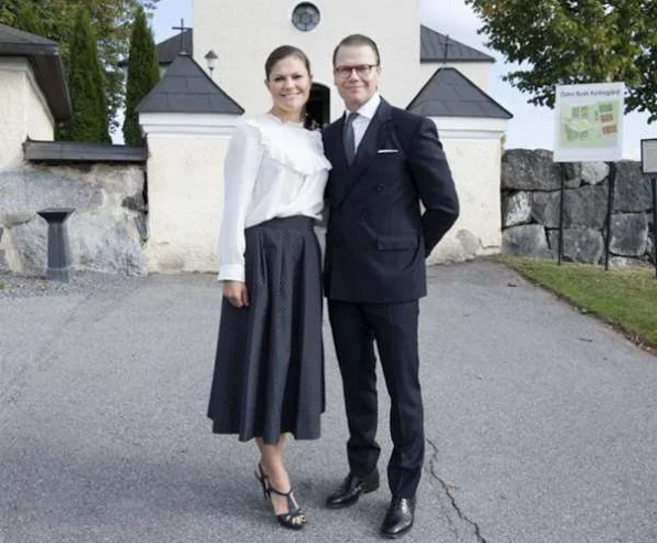 At Östra Ryd Church in Taby city, Crown Princess wore MAYLA Daria silk blouse, and Saint Laurent sandals