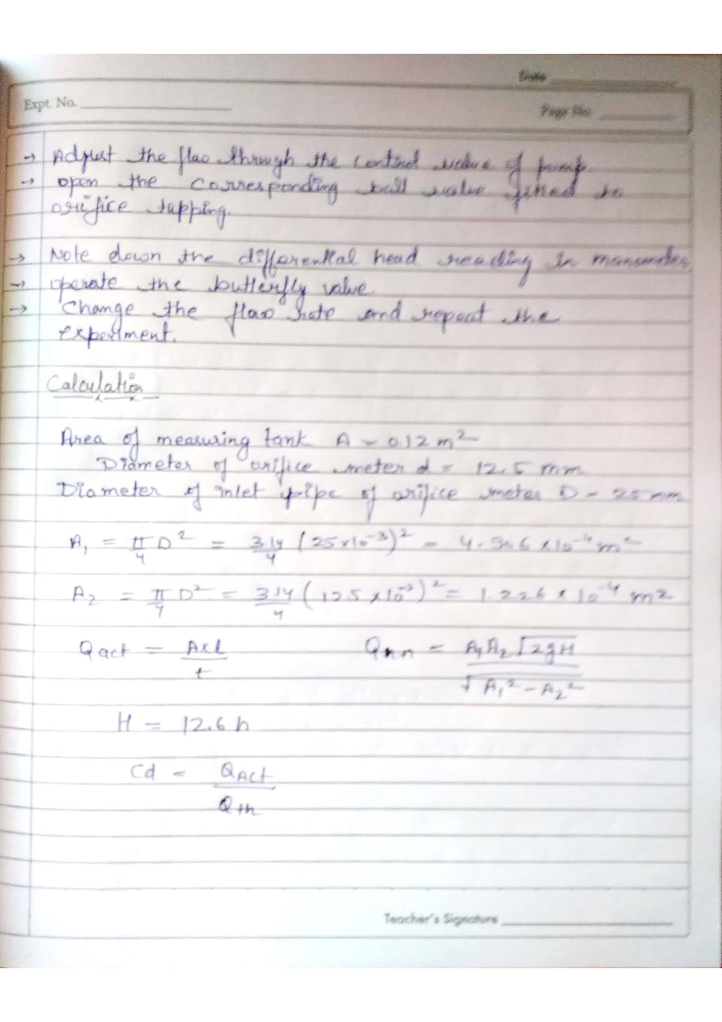 To determine the cofficient of discharge For orifices meter with Lab
