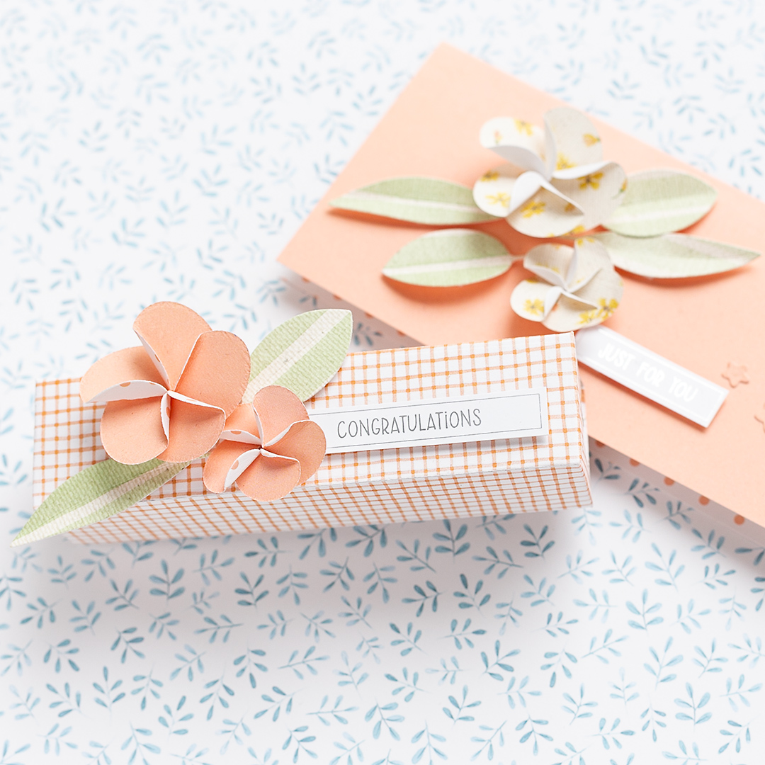 Frangipane Flower Die and Treat Holder Box Moda Scrap Mojosanti Treat box with frangipane flowers and leaves on a treat holder box made with Moda Scrap by Mojosanti Sandra Dietrich scrapbooking papercrafting giftwrapping