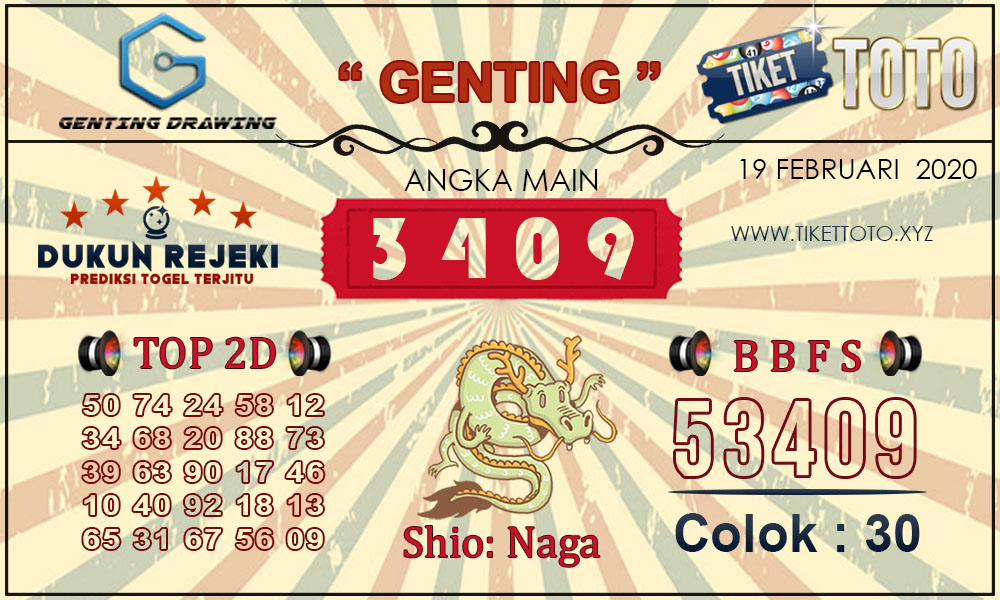 Prediksi Togel GENTING DRAWING TIKETTOTO 19 FEBRUARI 2020