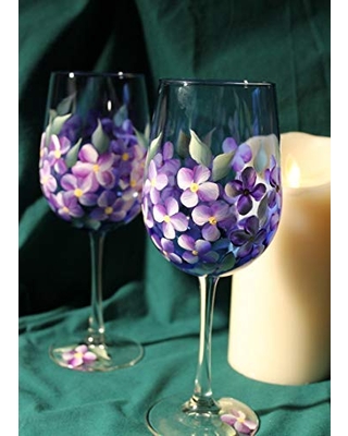 Purple Flower Hand Painted Wine Glasses