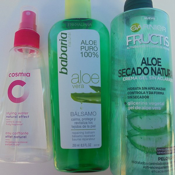 Babaria Aoloe Puro 100% / Garnier Fructi Aloe Secado Natural / Cosmia Styling Water