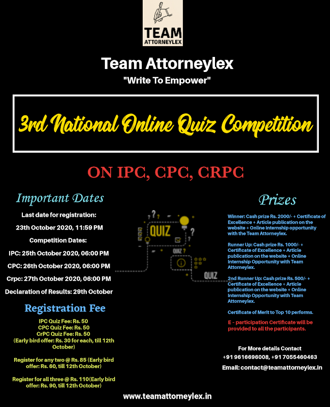  Team Attorneylex Online Quiz Competition on IPC, CPC, CrPC [October 25, 26, 27]:  Register by October 23