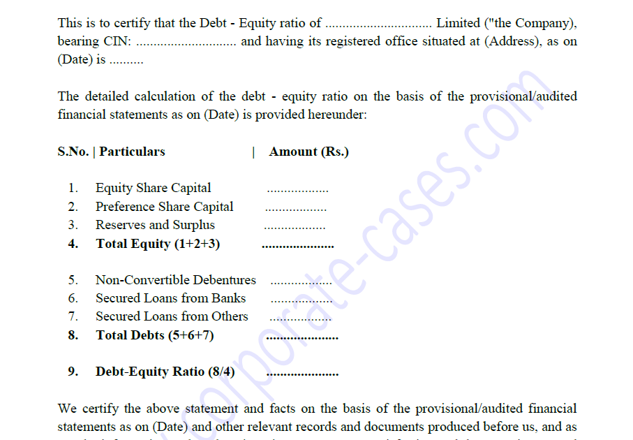 Chartered Accountant Certificate on DebtEquity Ratio (Format)