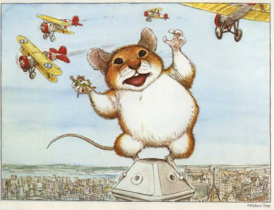 Giant mouse as King Kong figure, fighting off biplanes