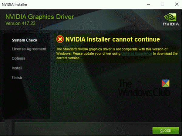 El instalador de NVIDIA no puede continuar en Windows 10