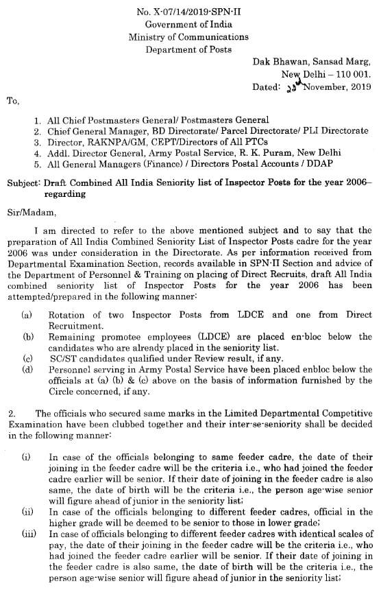 Draft combined all India seniority list of inspector posts for the year 2006