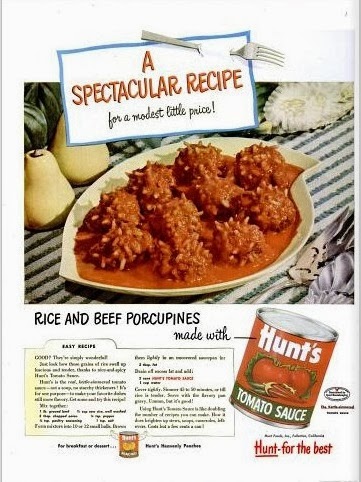 Classic American Recipes: 1952 Rice and Beef Porcupines from Hunt's