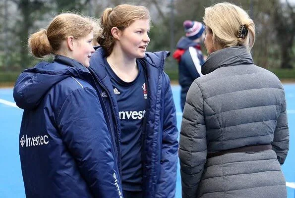 Lady Louise Windsor plays hockey as she attends an England Hockey team training session at Bisham Abbey National Sports Centre