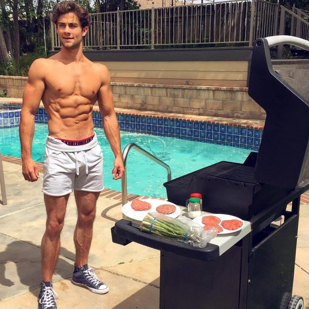 pool-hot-guys-preparing-food-fit-shirtless-hunk-grilling-meat