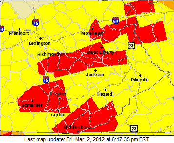 The map shows the climax of the number of tornado warnings in eastern Kentucky on Friday.