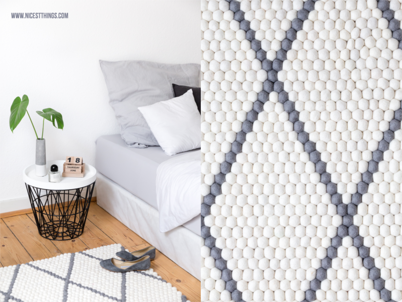 Schlafzimmer mit Filzkugelteppich grau mit Rauten Muster rechteckig 