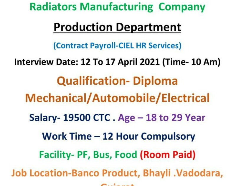 Diploma Jobs Vacancy For Production Department in Radiators