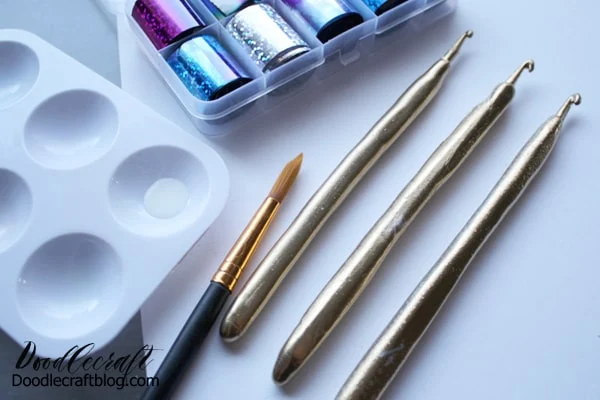 Paint the crochet hooks with gilding adhesive
