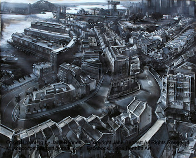 ink charcoal gouache drawing on paper of Barangaroo and Millers Point, Walsh Bay Wharves, Sydney Harbour Bridge and Hammerhead Crane from the Harbour Control Tower by industrial heritage artist Jane Bennett