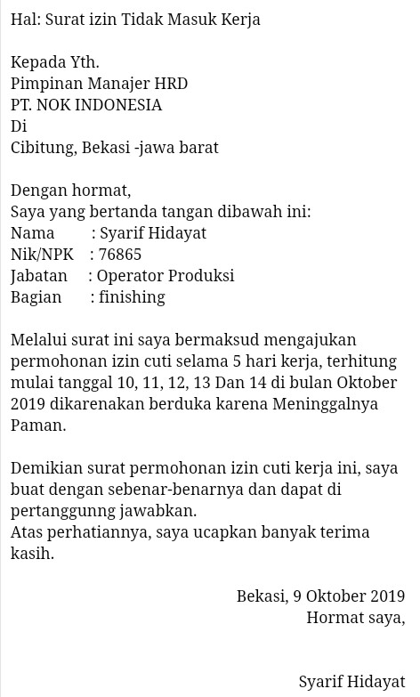 Contoh Surat Izin Tidak Masuk Kerja Karena Berduka