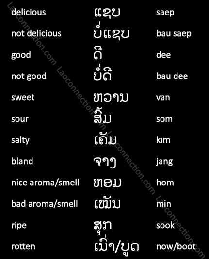 Lao Language:  Food Related Words - Tastes, Aromas, etc. - written in Lao and English