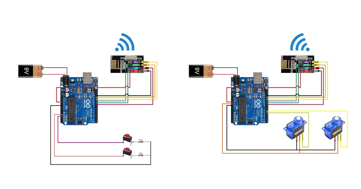 Servo motor controlled by Push button using Arduino & Transceiver - Wire...