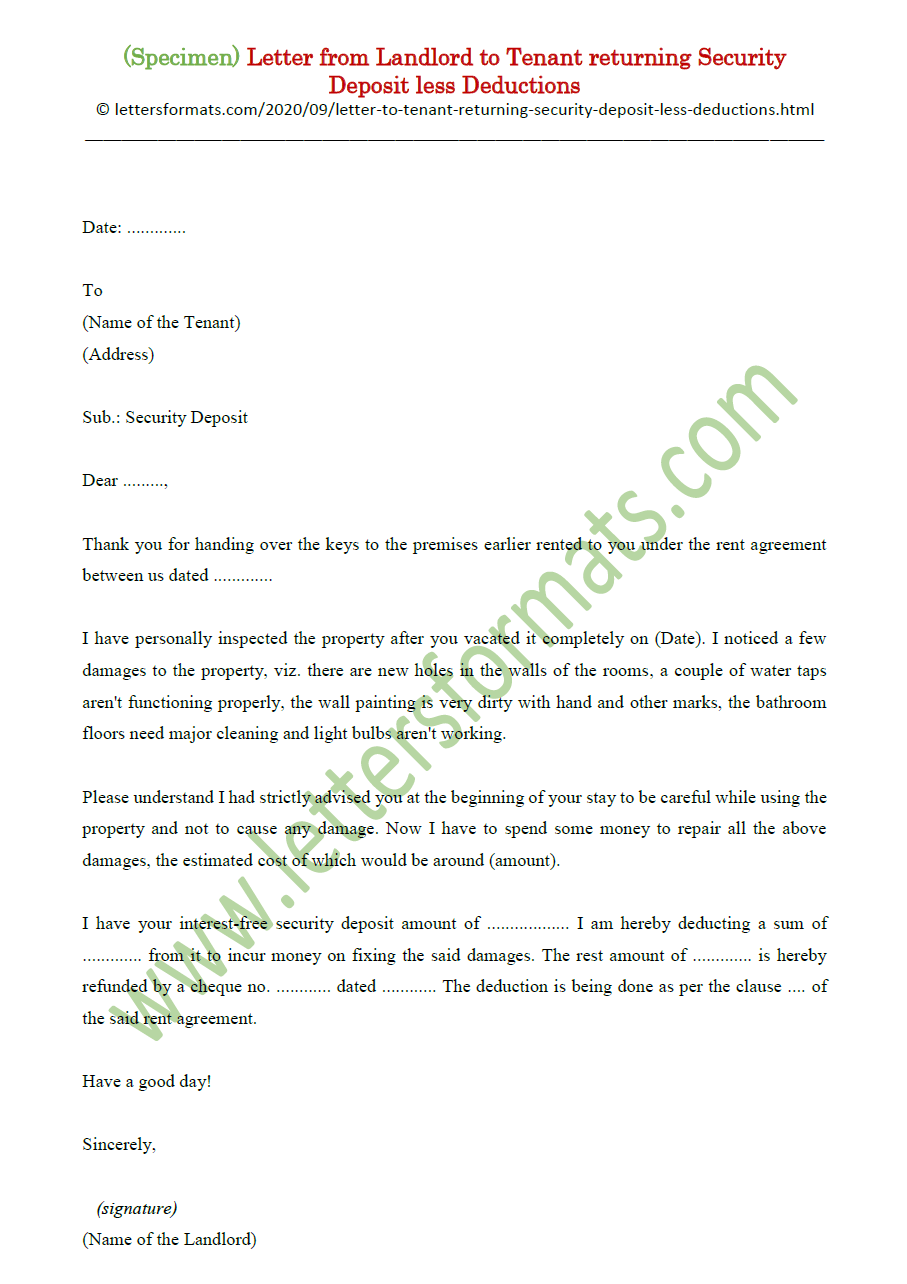 Draft Letter to Tenant returning Security Deposit less Deductions