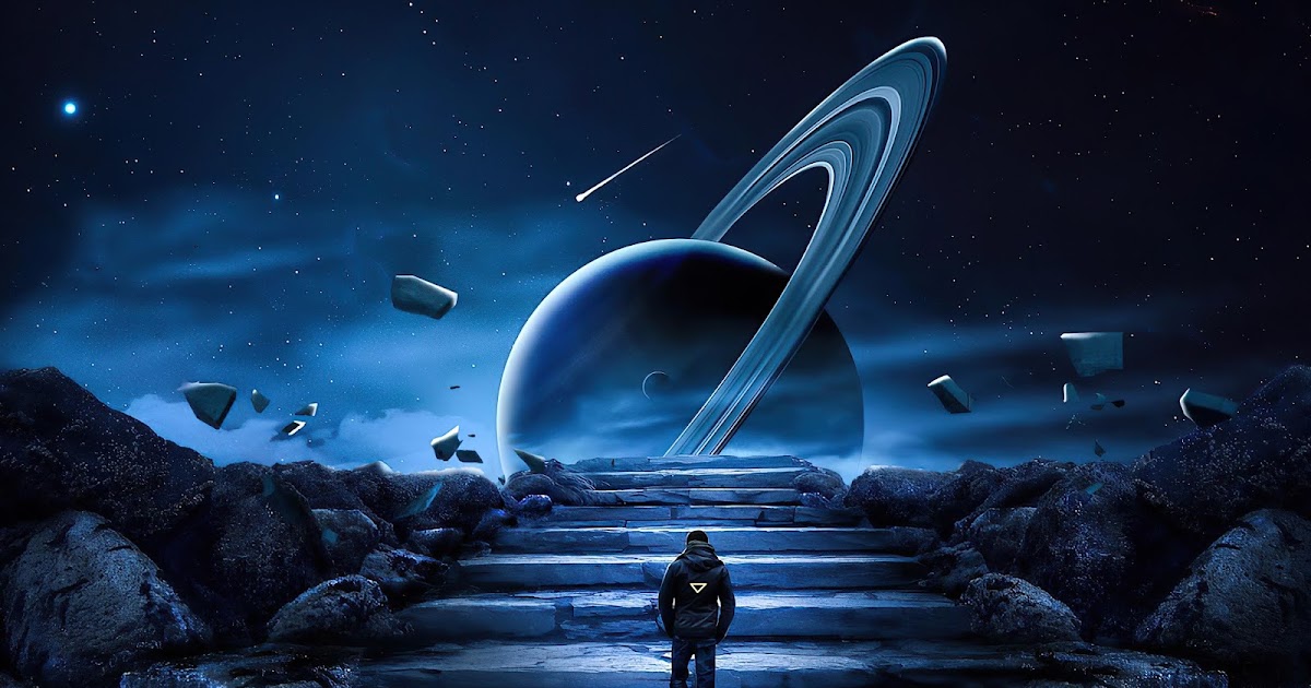 Saturn Planet, Astronaut, Stairs, Rocks, Comet