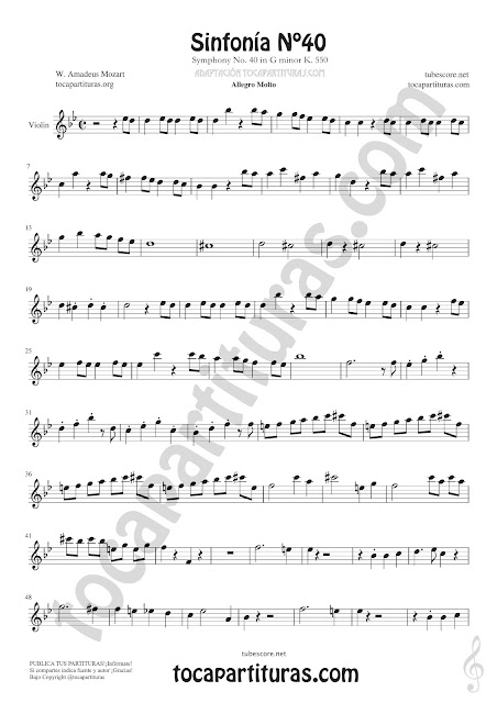  Partitura de Violín Simphony de Sinfonía Nº40 de Mozart Sheet Music for Violin Music Score