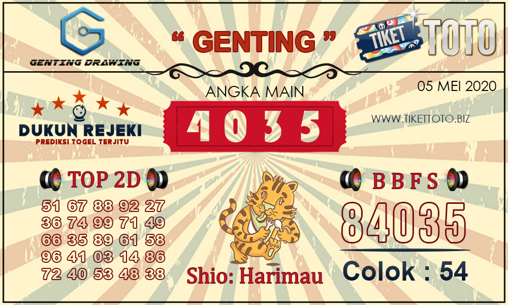 Prediksi Togel GENTING DRAWING TIKETTOTO 05 MEI 2020