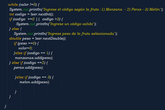 cultivo de 3 frutas en Java