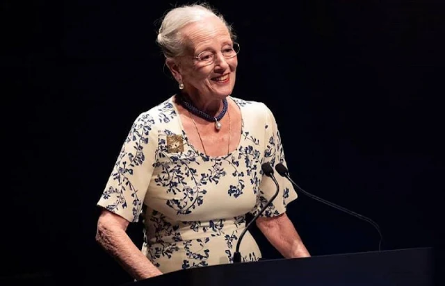 Aarhus Festival 2021 at Aarhus Concert Hall. Queen Margrethe wore a floral print dress gown. The Queen is patron of Aarhus Festival