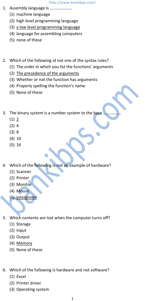 ibps clerk computer previous papers