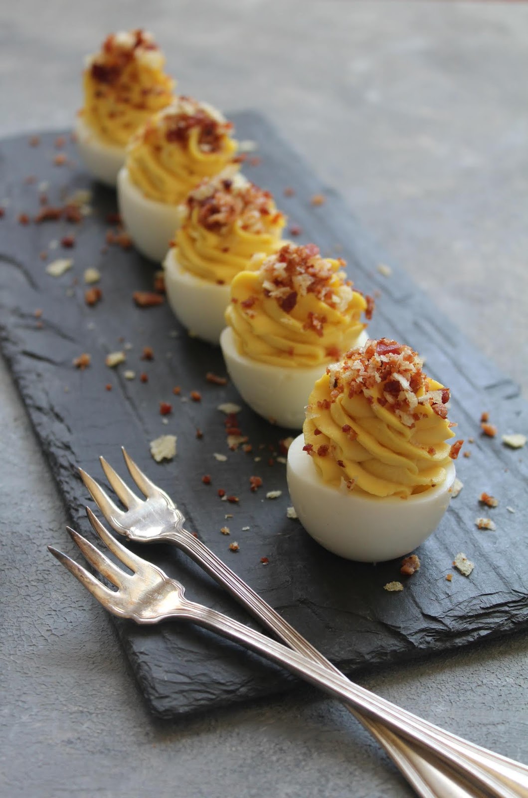 Authentic Suburban Gourmet Deviled Eggs with Bacon Potato Chip Dust