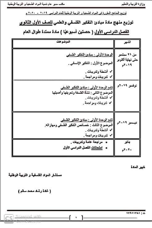 توزيع منهج الفلسفة للصف الاول الثانوي الترمين 2020