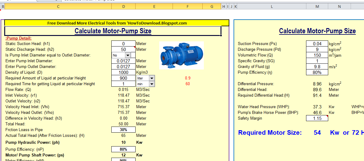 Calculate MotorPump Size (Calculator) Free Electrical Software and