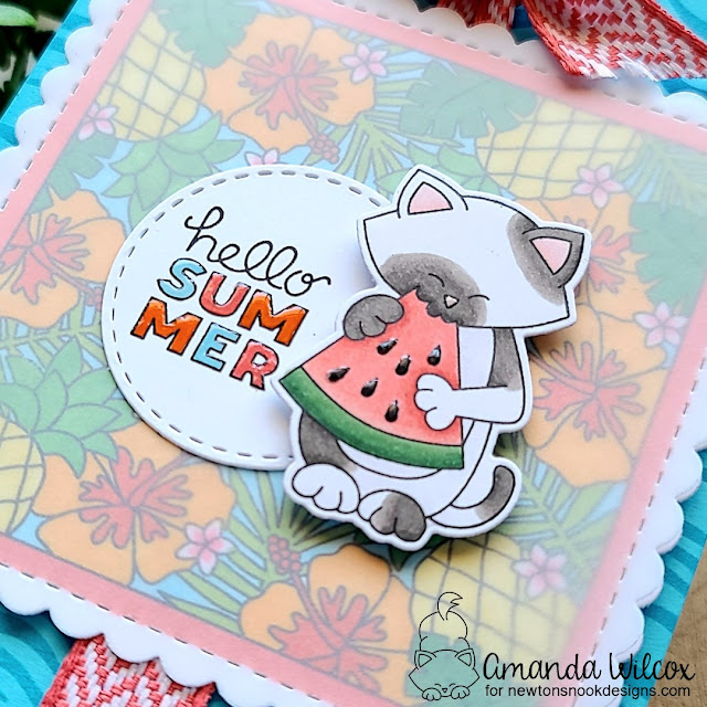 Cat and Watermelon Summer Card by Amanda Wilcox | Newton's Melon Stamp Set, Floral Fringe Stamp Set,Frames Squared Die Set by Newton's Nook Designs #newtonsnook