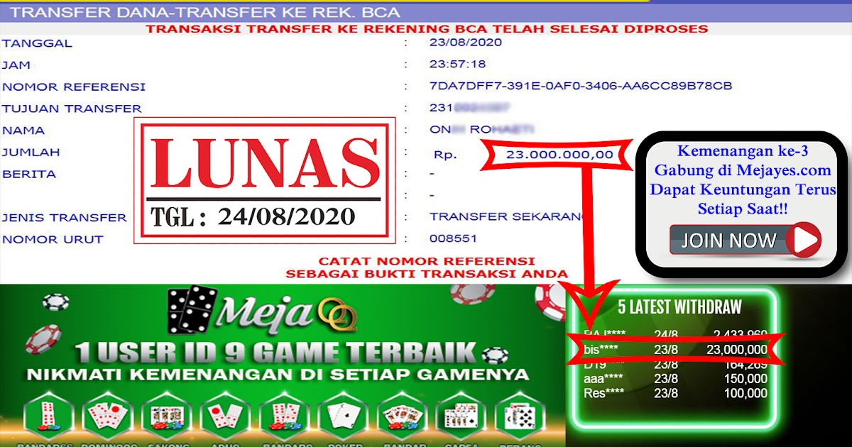 SELAMAT ATAS KEMENANGAN BESAR USER ID bis**** DENGAN NOMINAL Rp