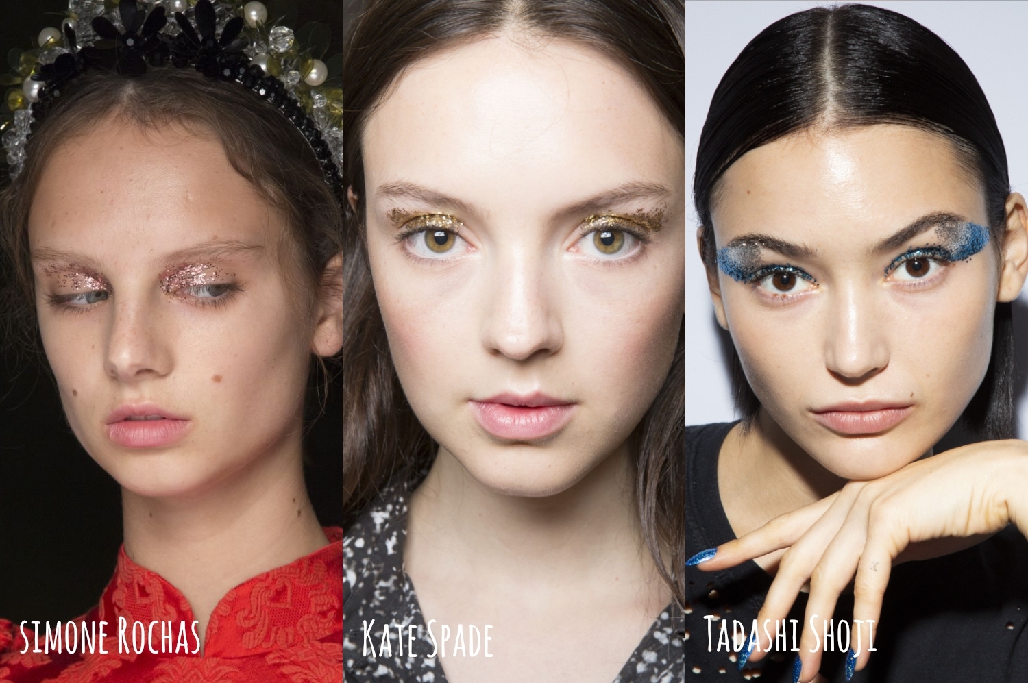 makeup collage with three woman models wearing a trendy runway look at dior fashion show