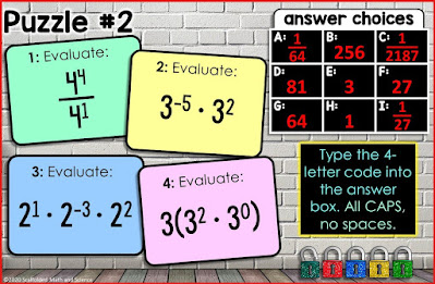 Exponent Rules (with evaluating) Digital Math Escape Room puzzle #2