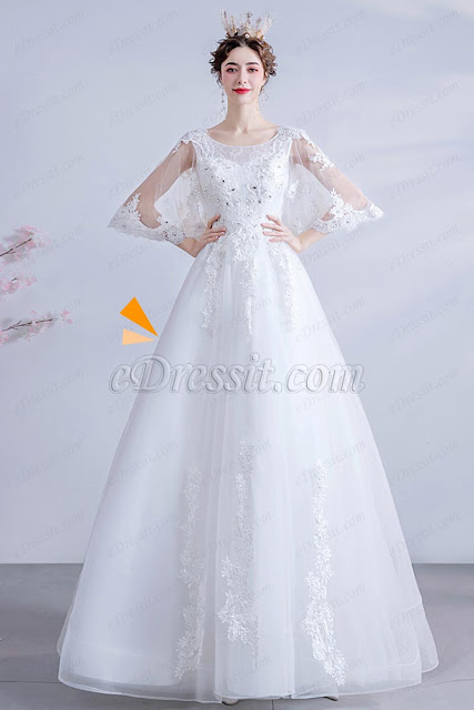 White Butterfly Sleeves Lace Appliques Wedding Bridal Dress 