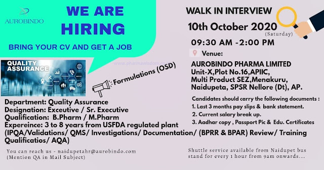 Aurobindo Pharma Ltd - Walk-In Interview for Quality Assurance on 10th ...
