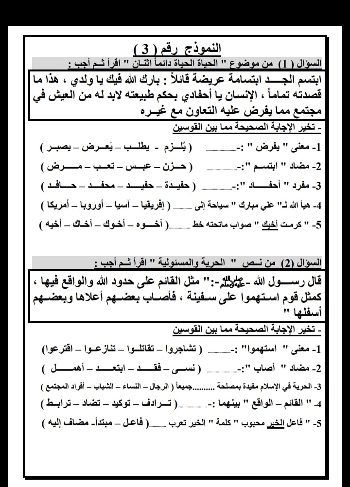 مراجعة نهائية لغة عربية للصف السادس الابتدائى الترم الثانى بنظام (اختيار من متعدد)  10