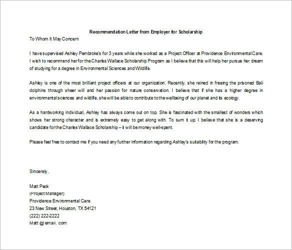 Recommendation Letter For Scholarship From Employer Recommendation Letter For Scholarship From Employer