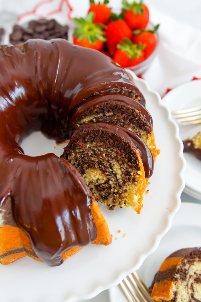 Chocolate Vanilla Swirl Bundt Cake with Glossy Ganache Frosting