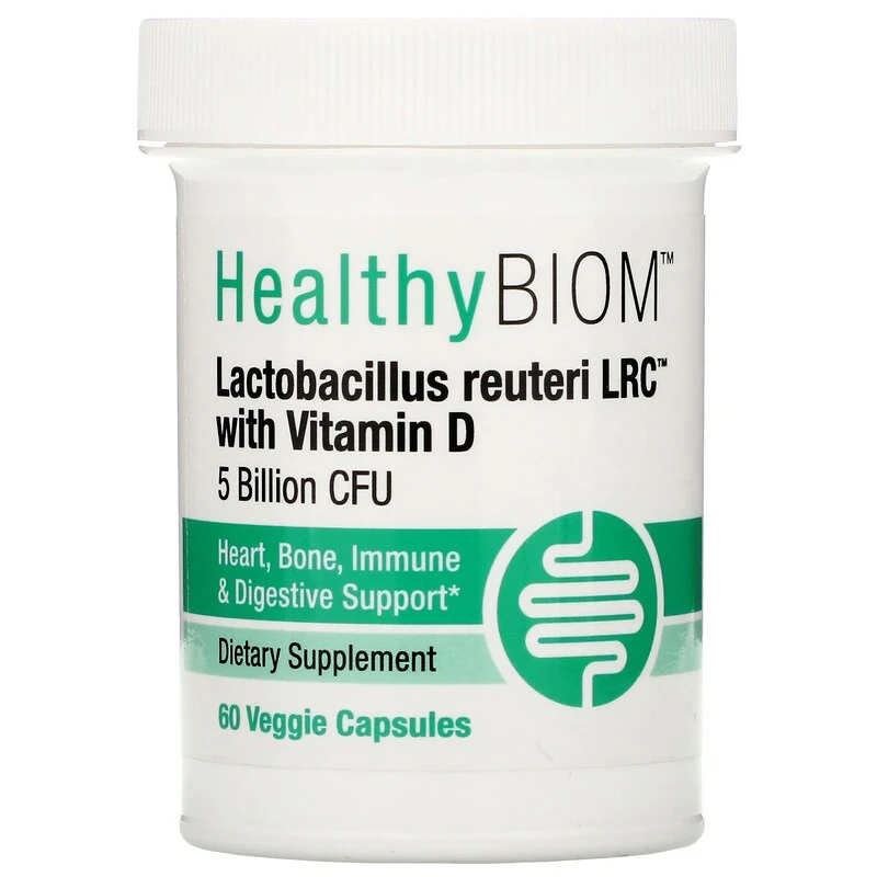 HealthyBiom, Lactobacillus Reuteri LRC с витамином D, 5 млрд КОЕ, 60 растительных капсул