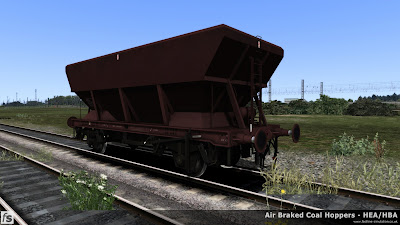 Fastline Simulation - HBA/HEA Coal Hoppers: Early HBA hopper with central ladder and small supports at the hopper corners in plain maroon livery.